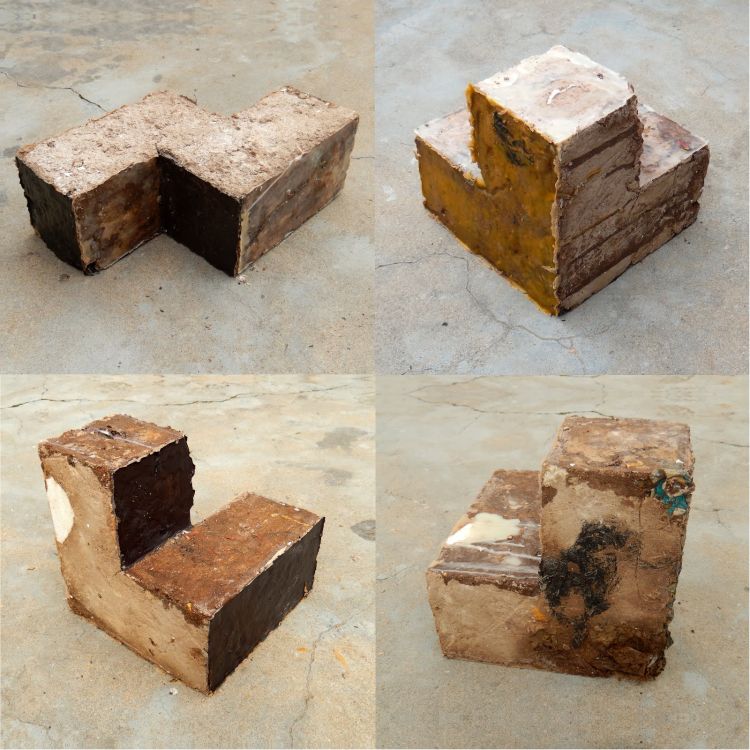 Click the image for a view of: Trob Concept Object set 01 (variants 5 - 8). 2014. Clay, trash, sand, beeswax, candle wax, wax crayon, linseed oil, polyester resin. Dimensions variable